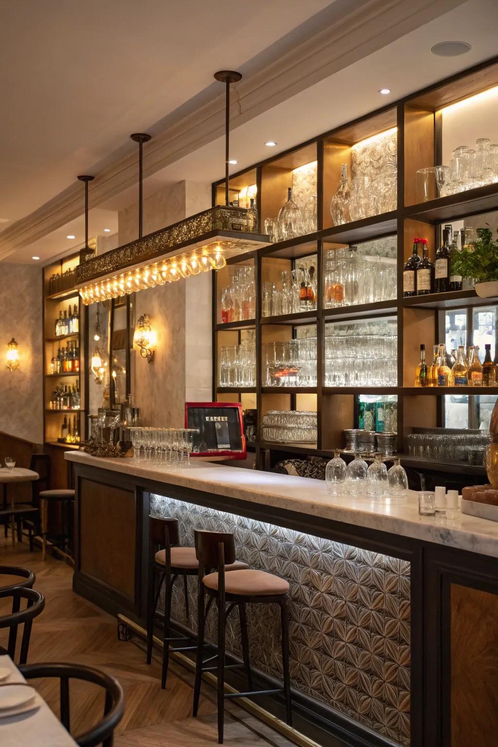 Artistically arranged glassware enriching visual interest in a small restaurant bar.