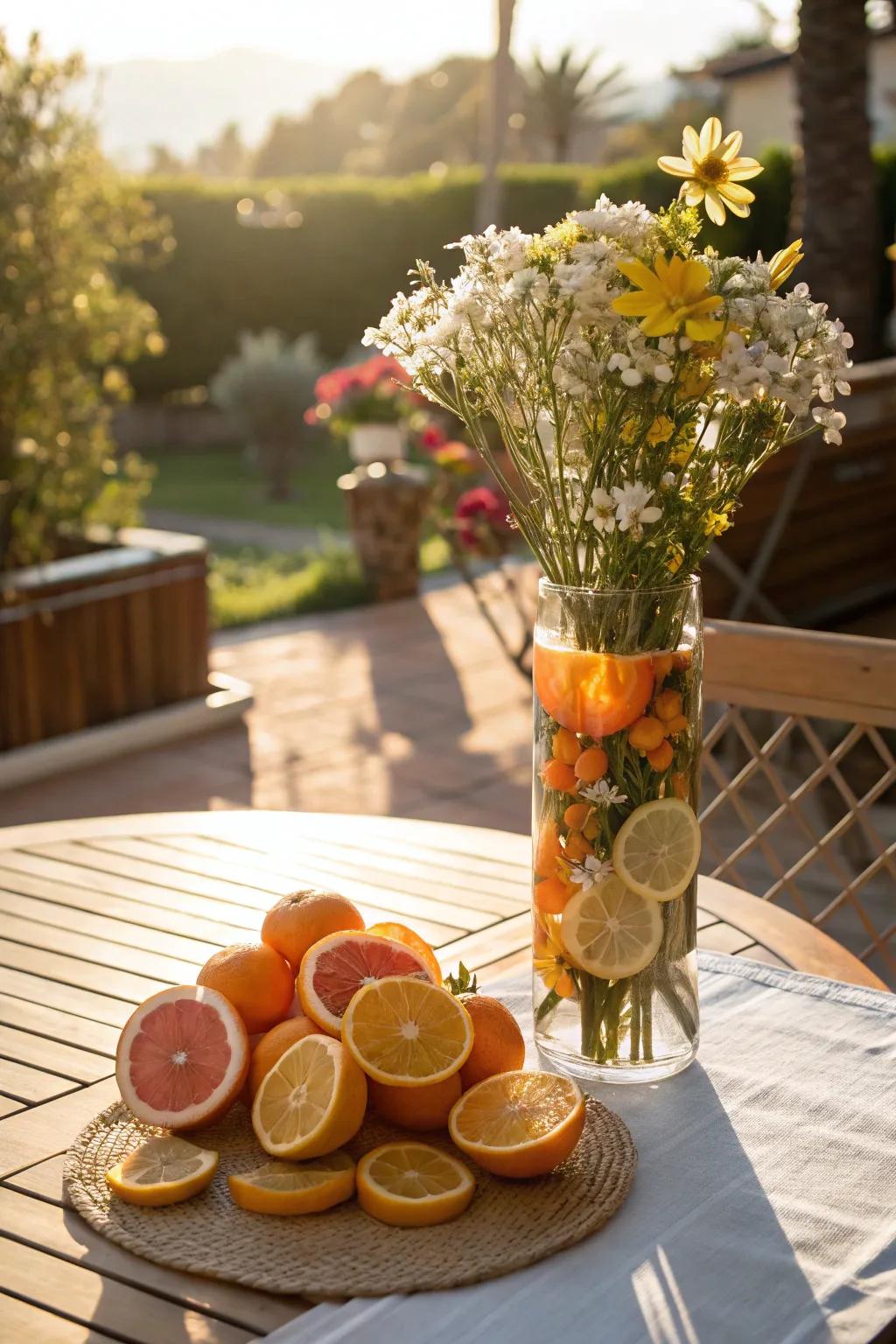 Citrus slices with flowers fashion an energetic summer arrangement.