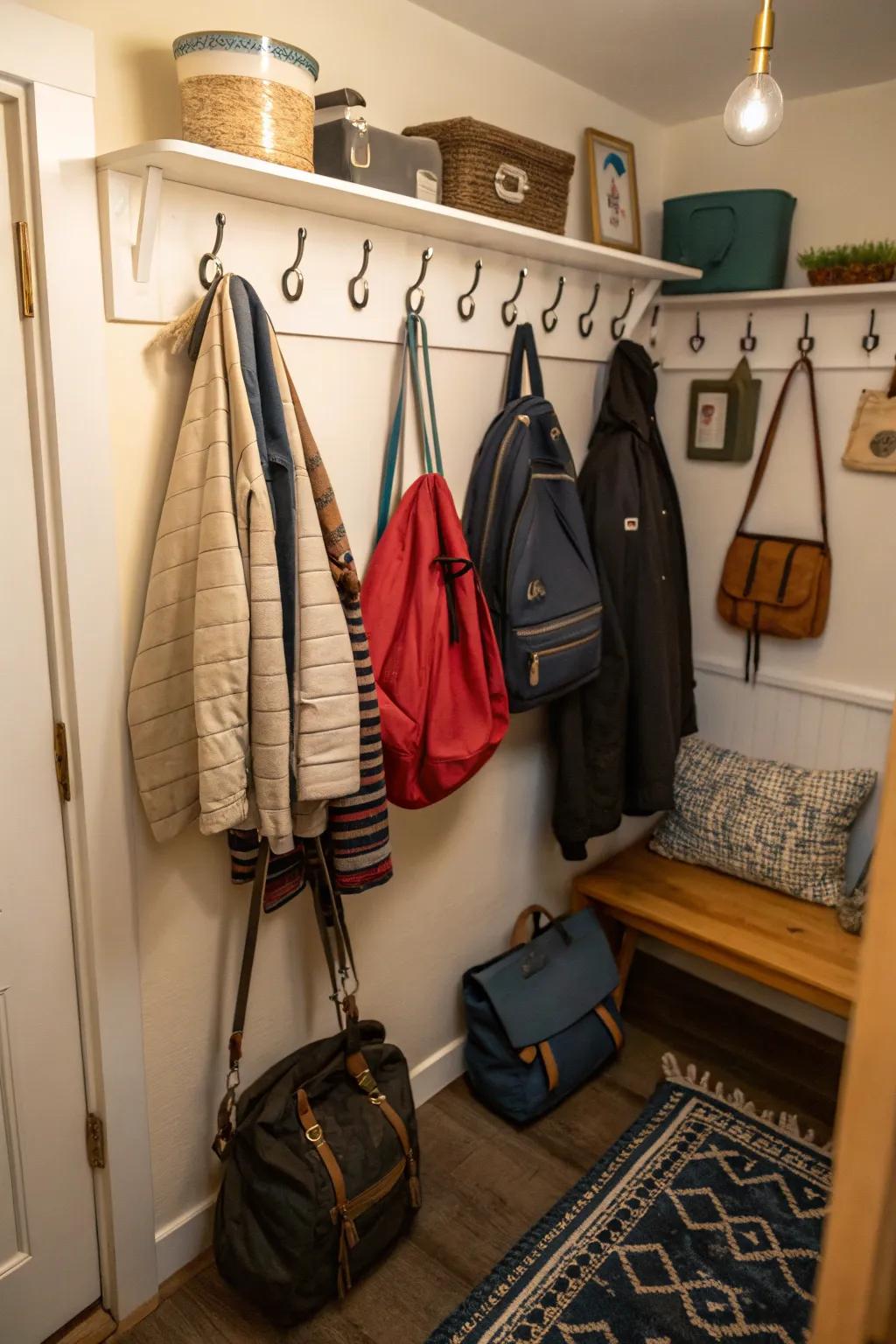 Wall hangers keep essentials organized and easily accessible.