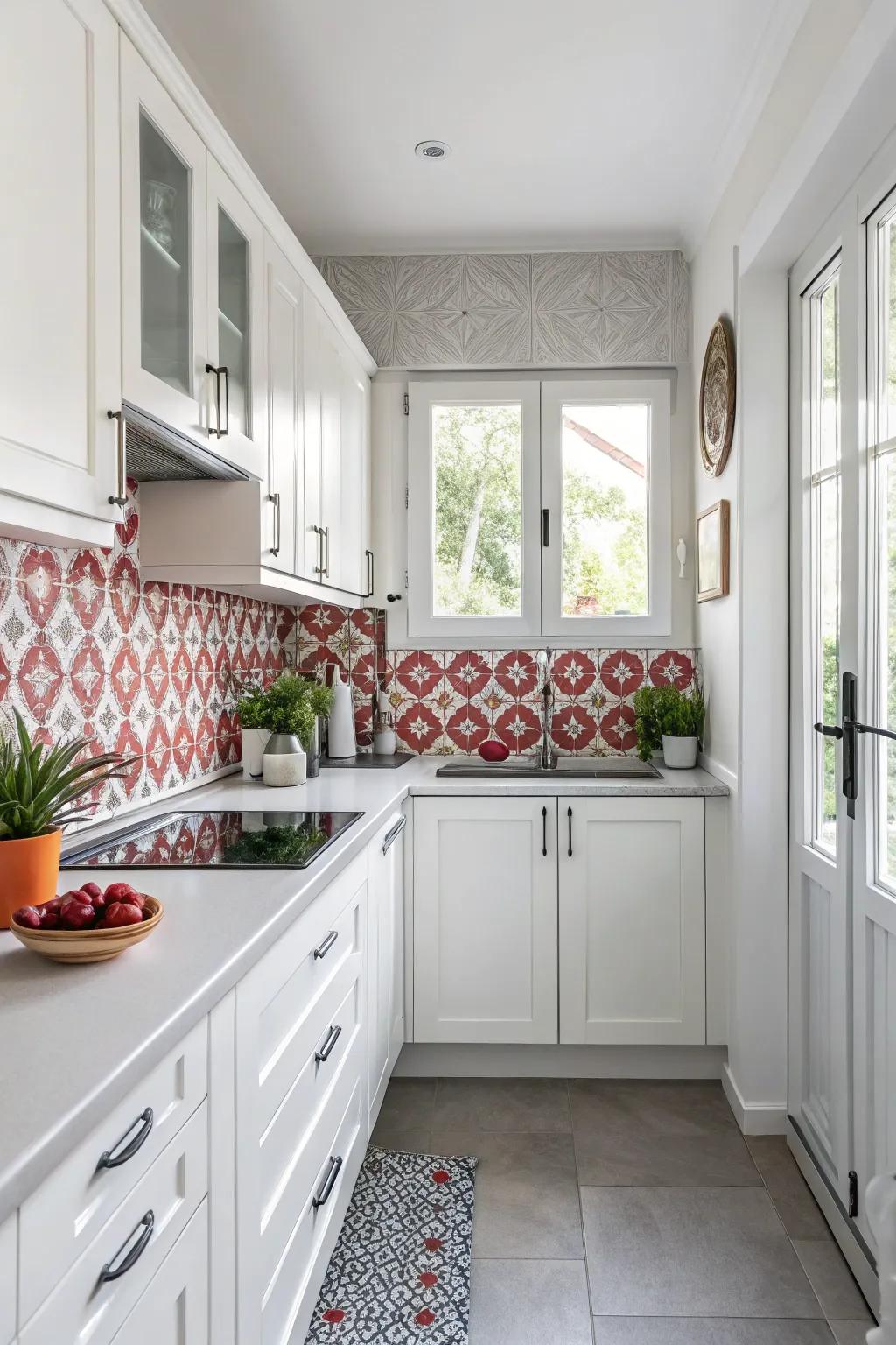 A bold focal point captures attention in a compact kitchen.