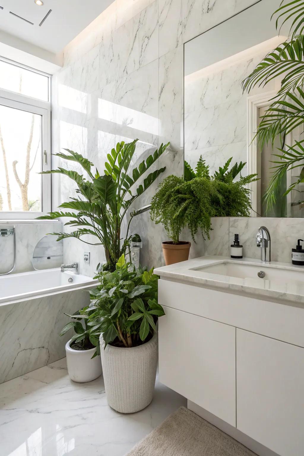 Flora adds a refreshing natural element to marble spaces.