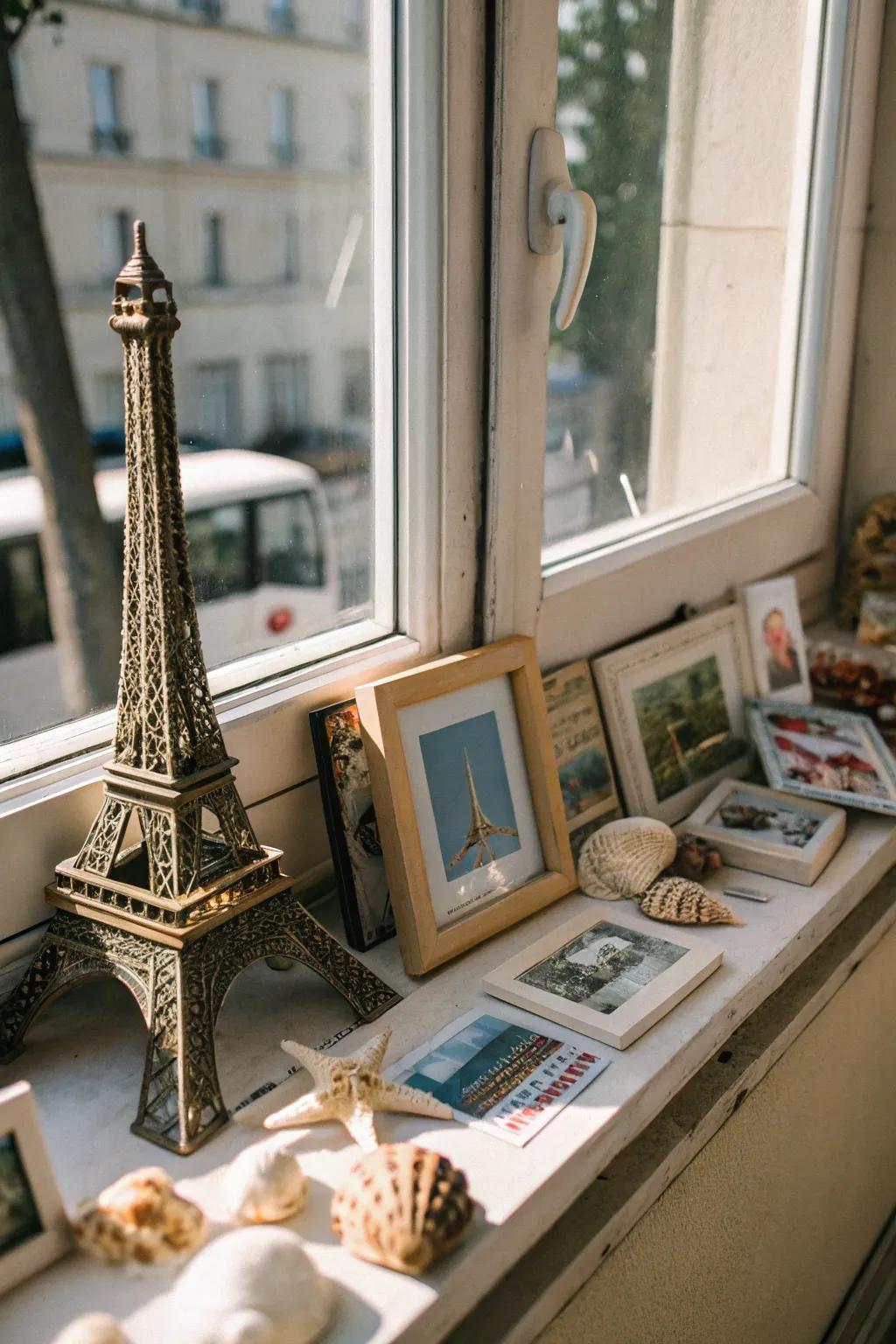 A personal element using travel souvenirs in a window display.