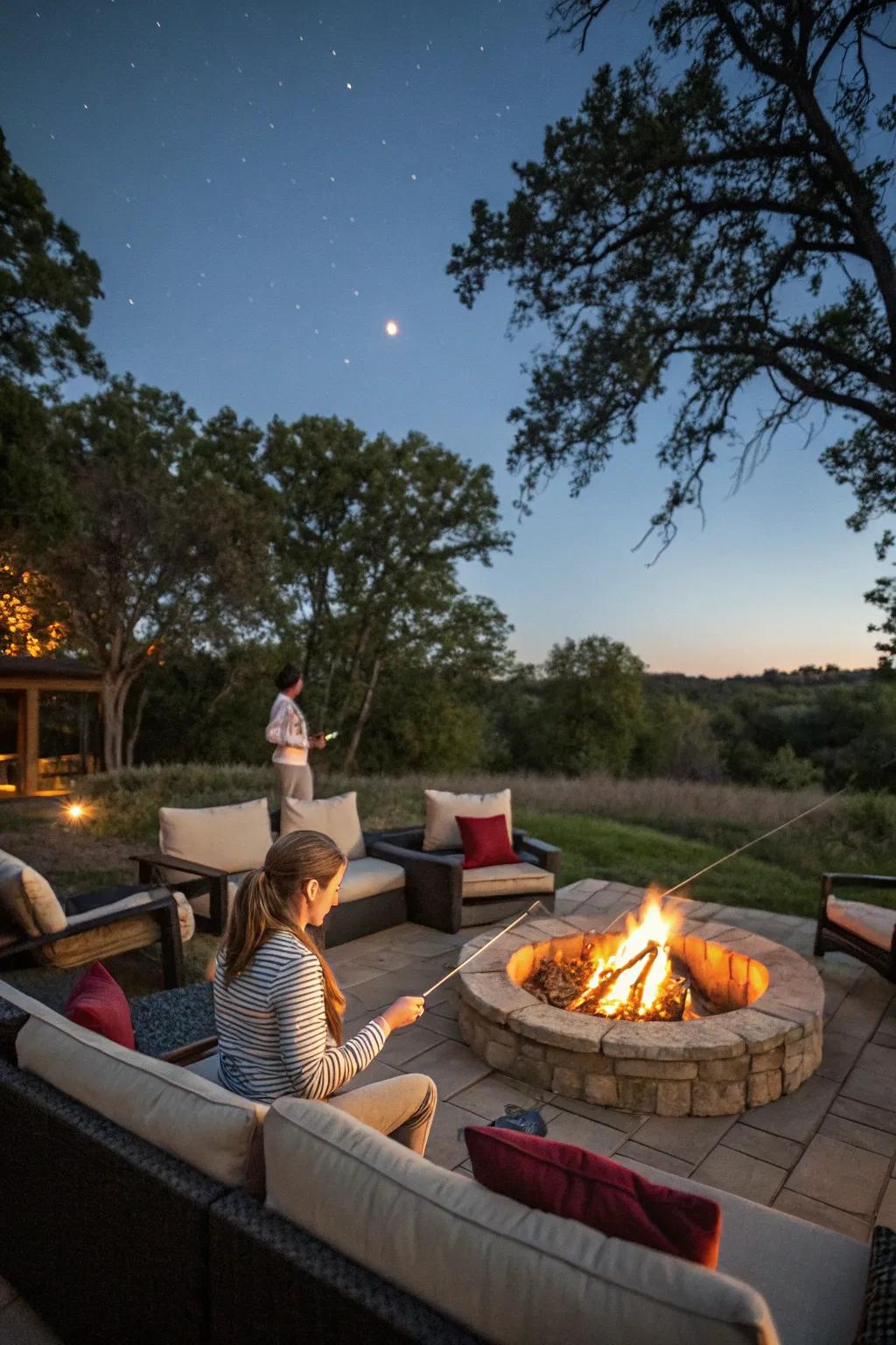 A fire feature setup is the heart of any outdoor s'mores bar experience.