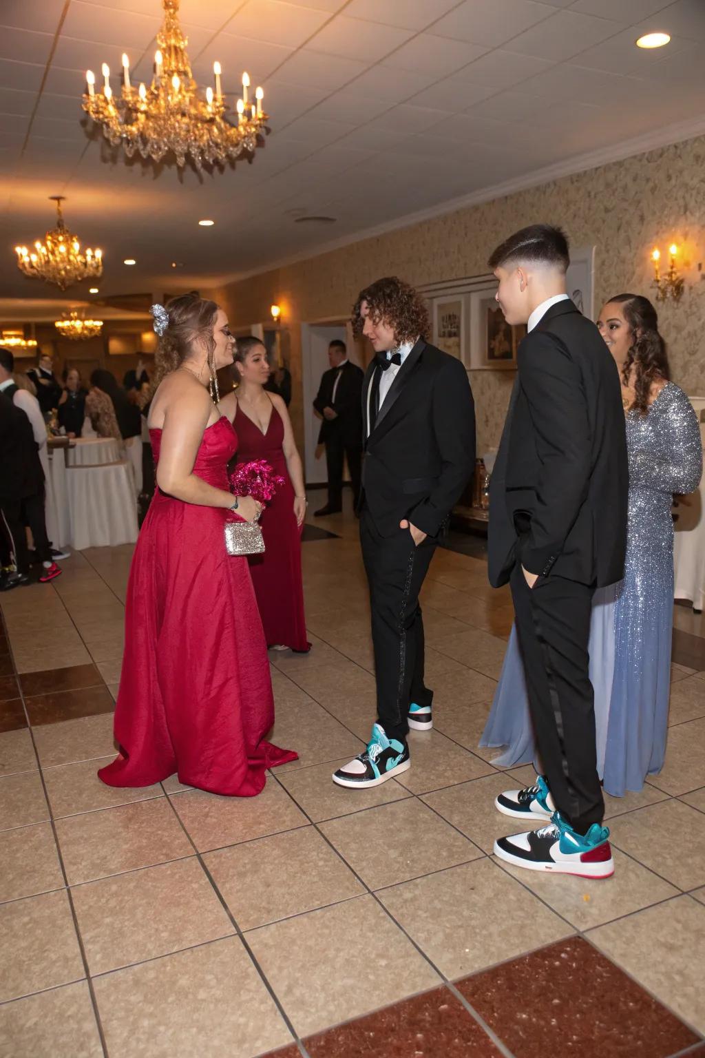 Visitors exhibiting a confluence of formal attire and fashionable sneakers.