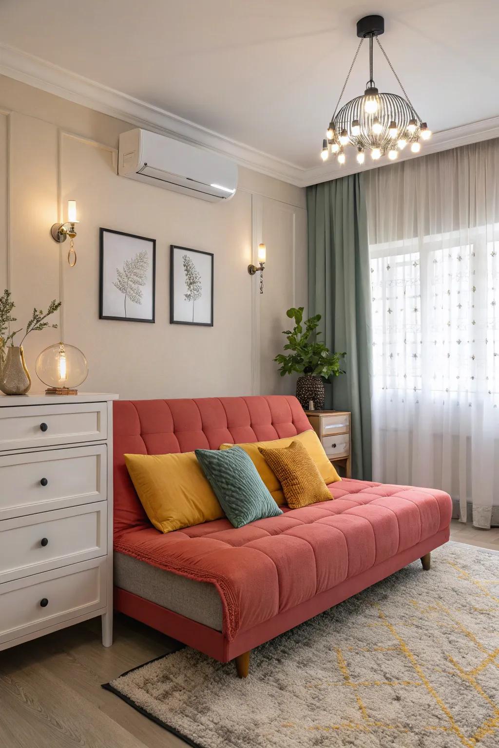 The room's aesthetic can be defined by a statement folding couch.