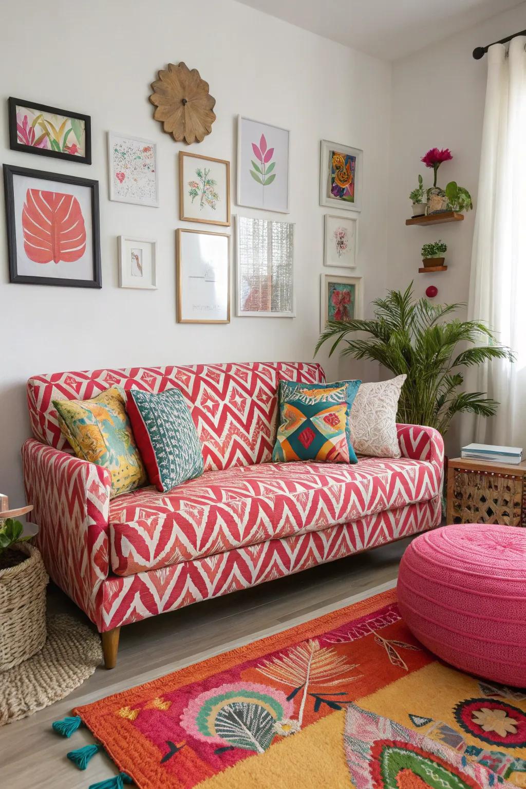 A couch with a striking design infuses character into a petite living area.