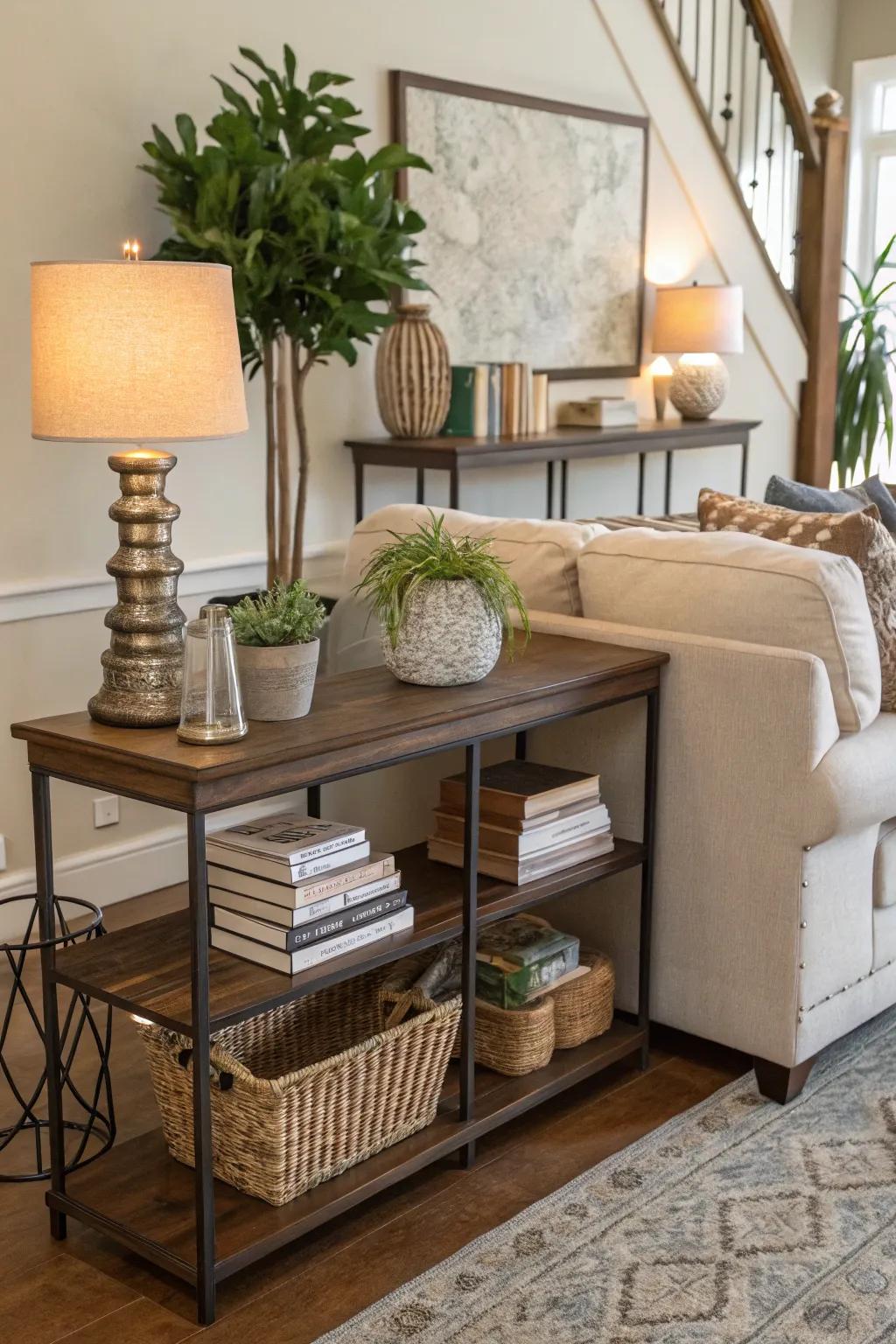 A console table injects both function and flair behind a sofa.