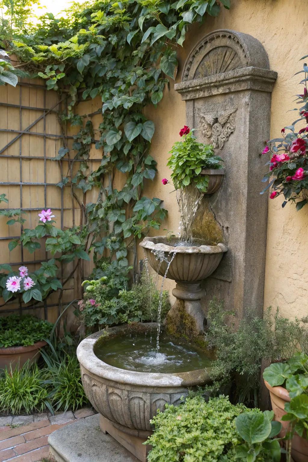 A wall-affixed sun-driven fountain creating a striking vertical water feature.