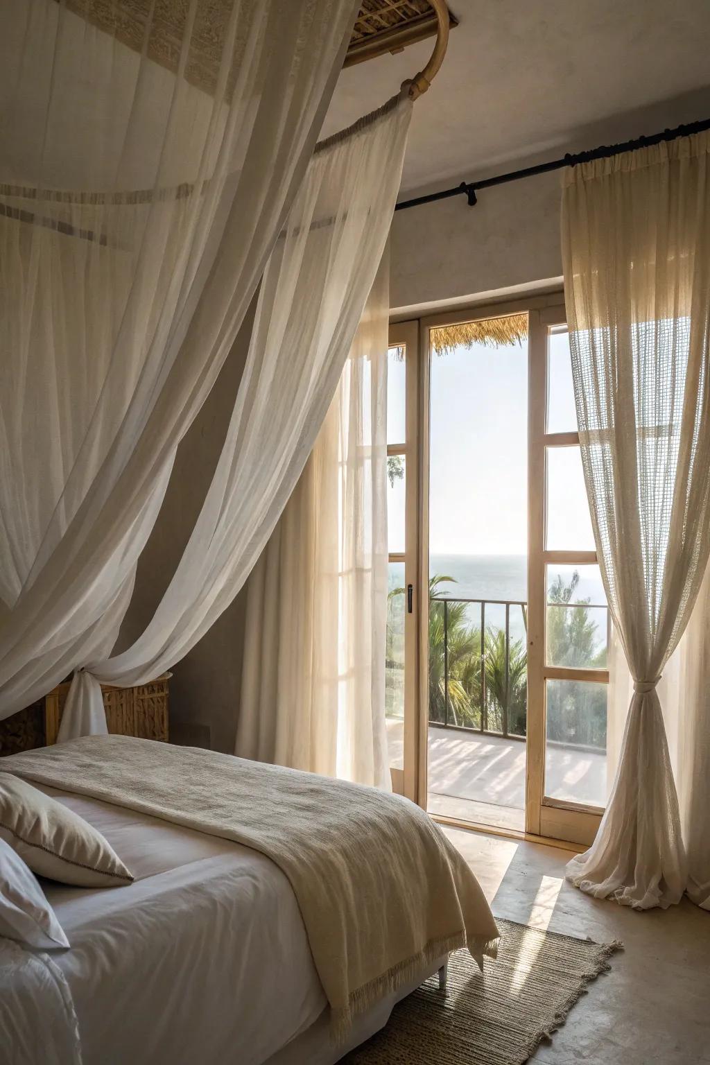 Airy textiles fashion a breezy, spacious atmosphere.