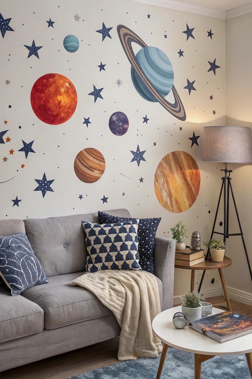 Galactic wall stickers offer versatility and ease of change.