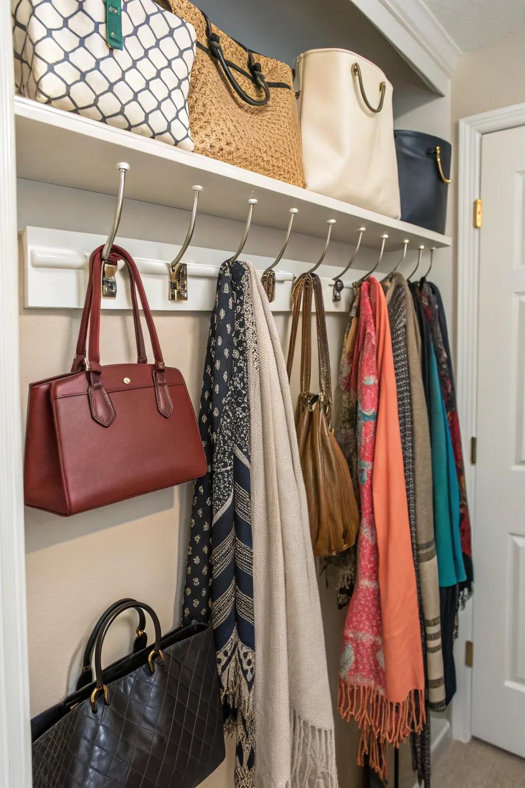 Hooks make efficient use of wall space to arrange accessories like bags and scarves.
