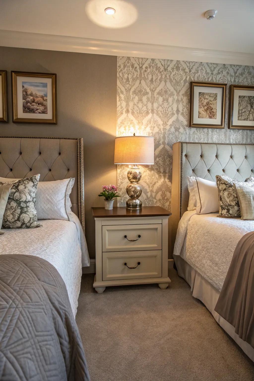 Shared bedside stand acting as a functional divider between beds.