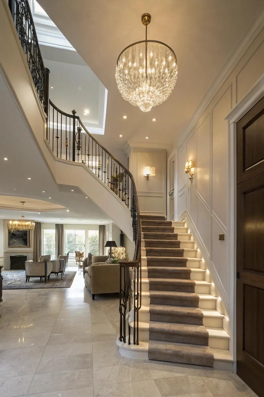 Elaborate lighting introduces drama and emphasis to your stairway.