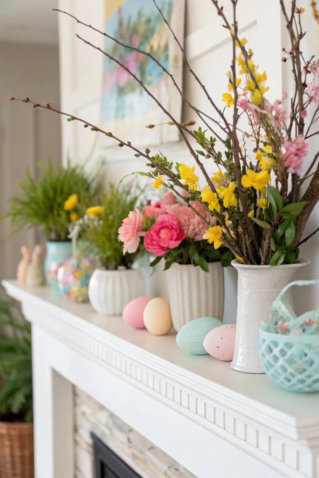 A thoughtfully decorated mantel infuses a hint of springtime into your living space.