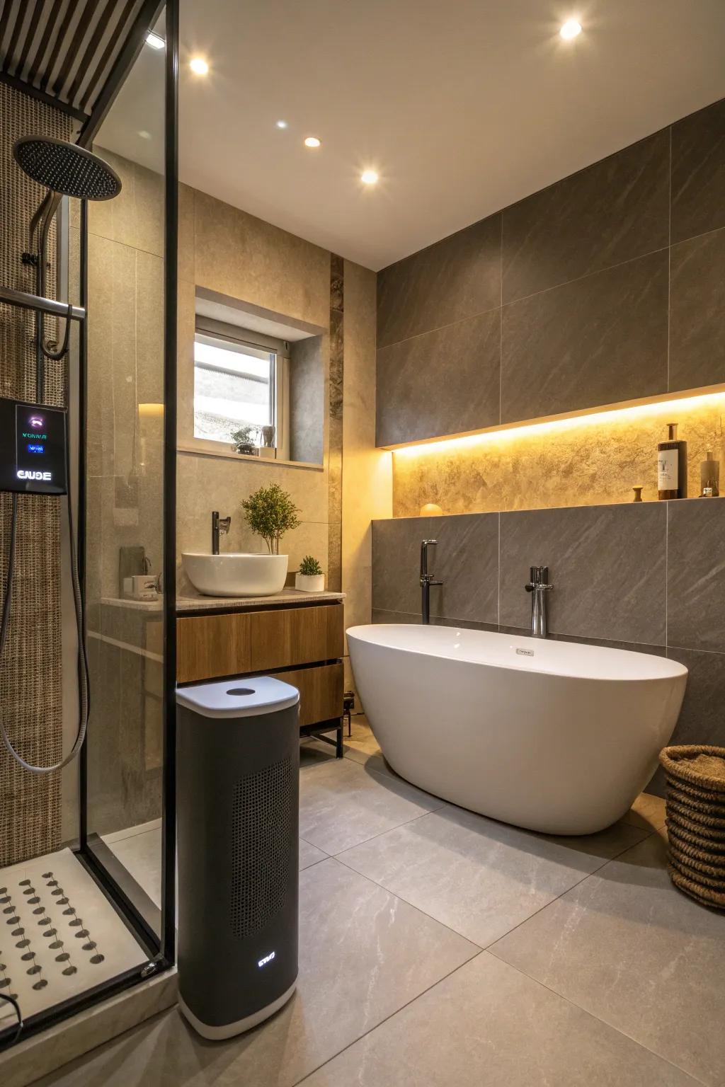 Background music adds a layer of comfort and privacy in the restroom.