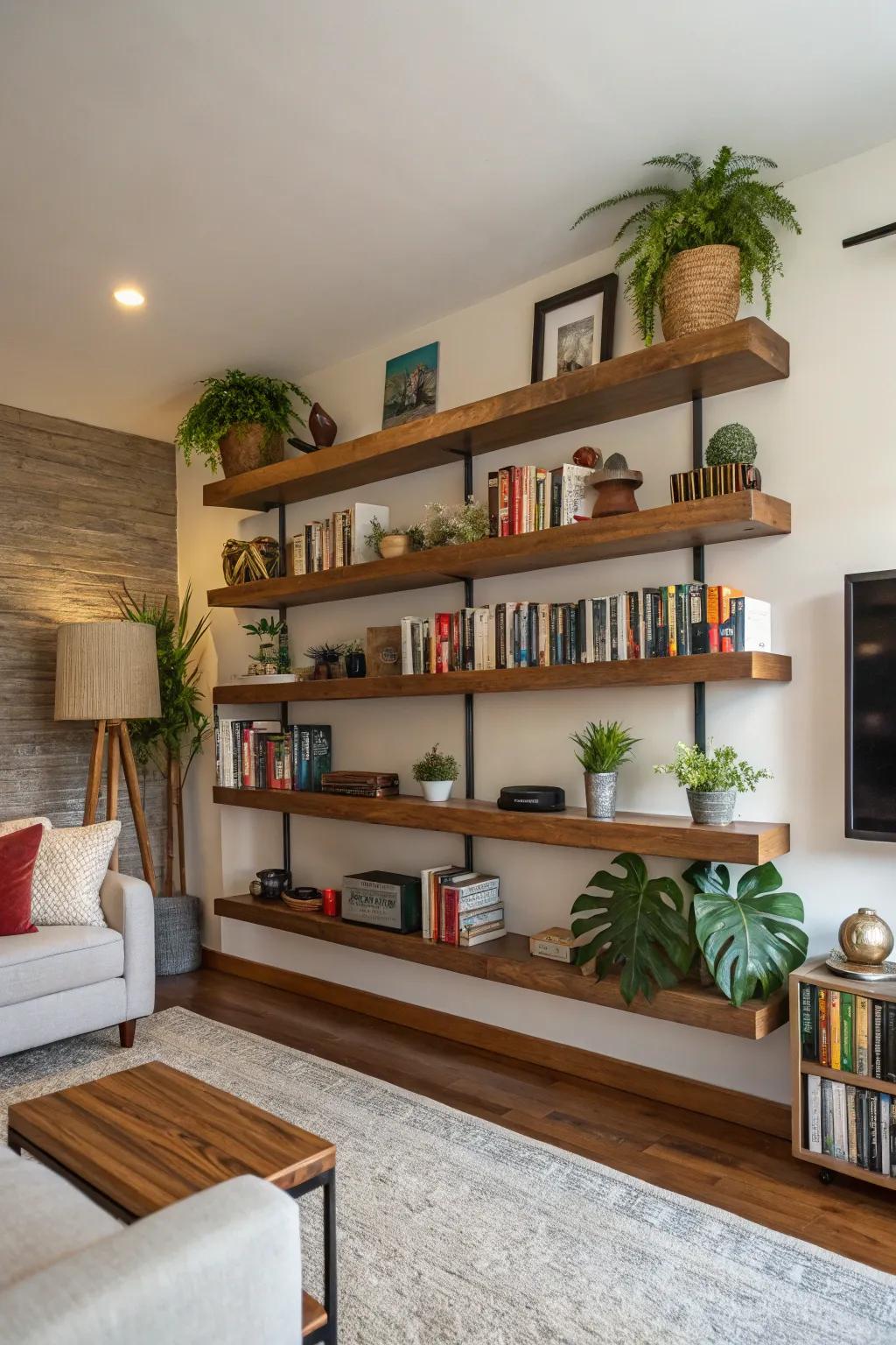 Artistic asymmetry featuring staggered shelf arrangement.