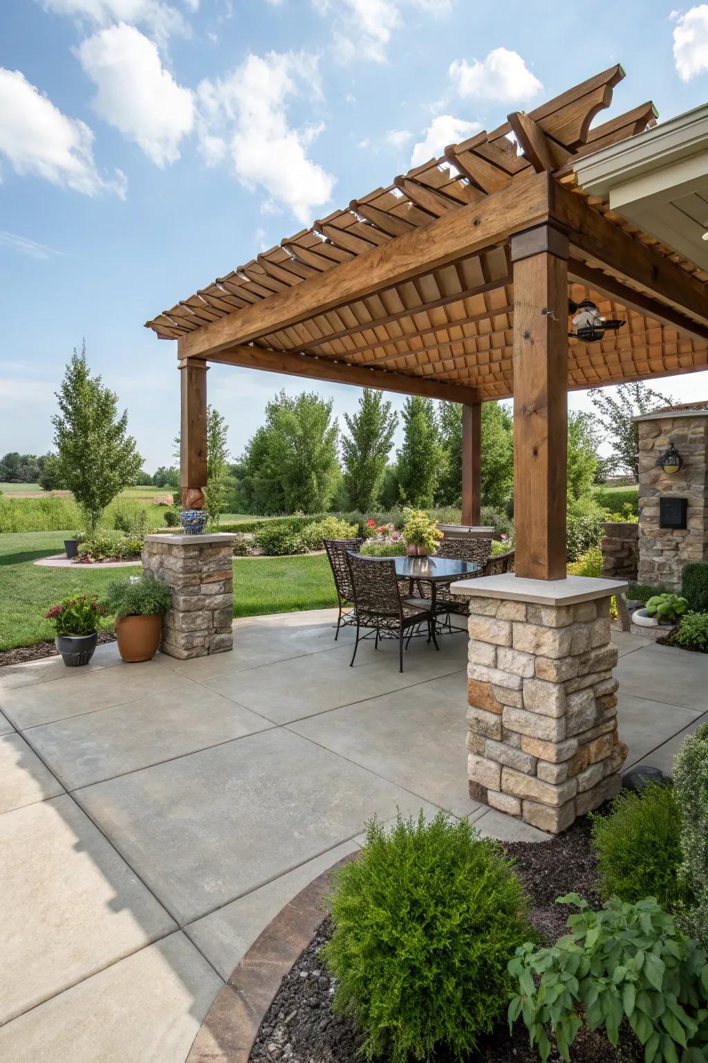 A harmonious blend of tinted concrete with natural wood and stone.