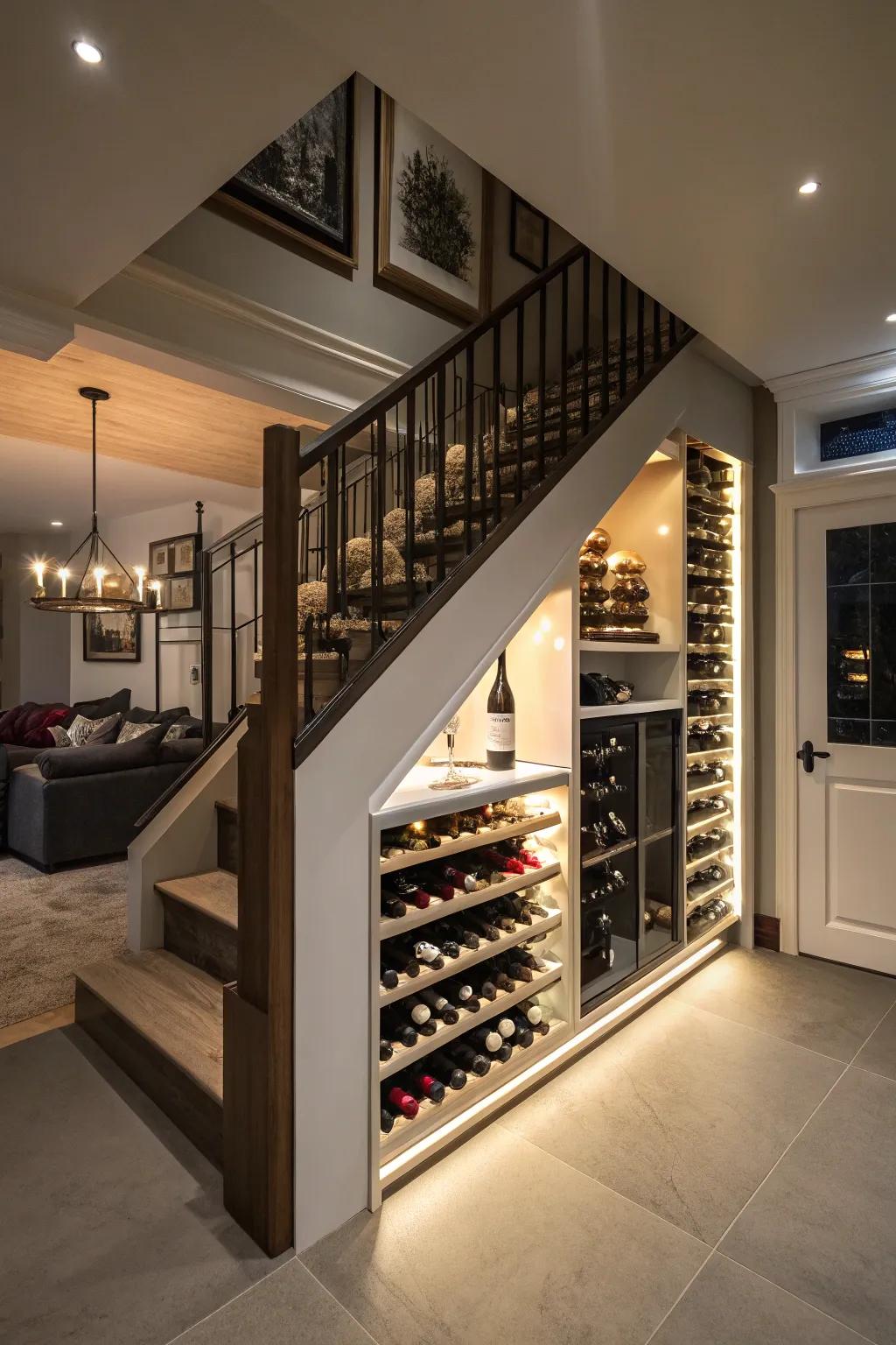 Impress your guests with a hidden wine rack under the stairs.