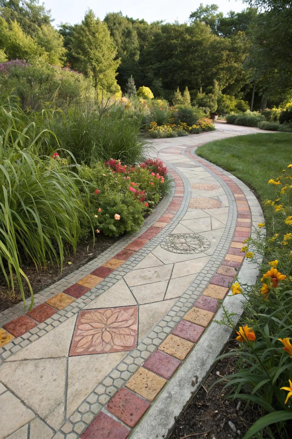 Pathway featuring dynamic color combination stamped concrete border