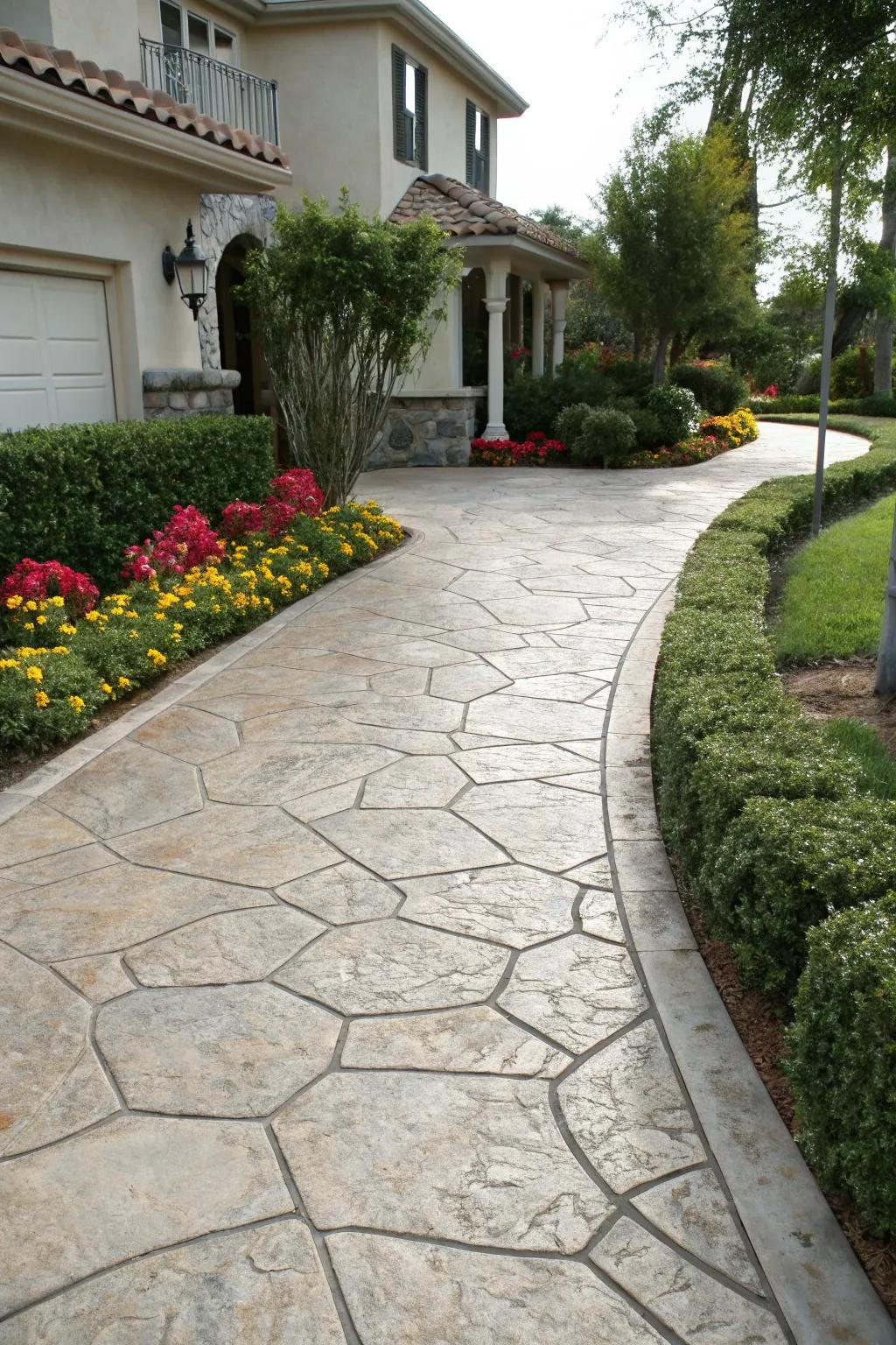 Organic rock designs offer an opulent appearance in this driveway.