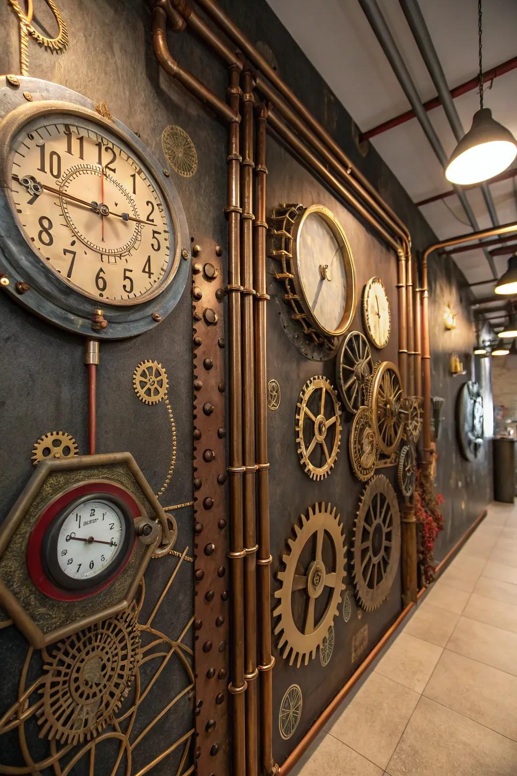 Elaborate wall patterns add depth and interest to this steampunk-inspired space.