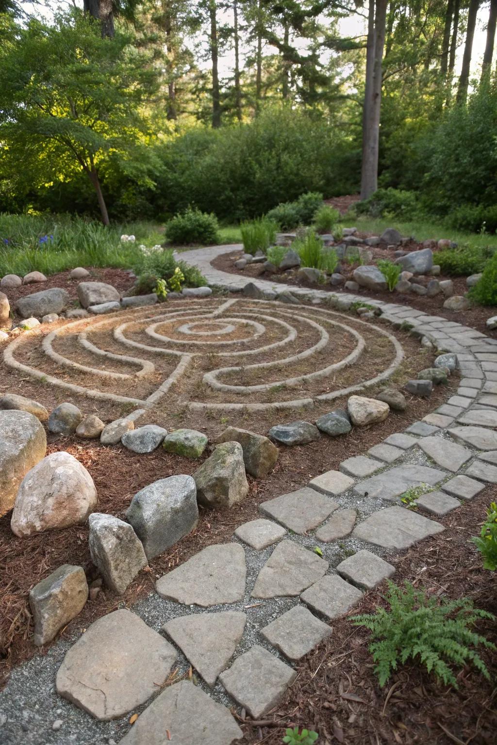 Incorporate a whimsical element through a stone and mulch labyrinth.