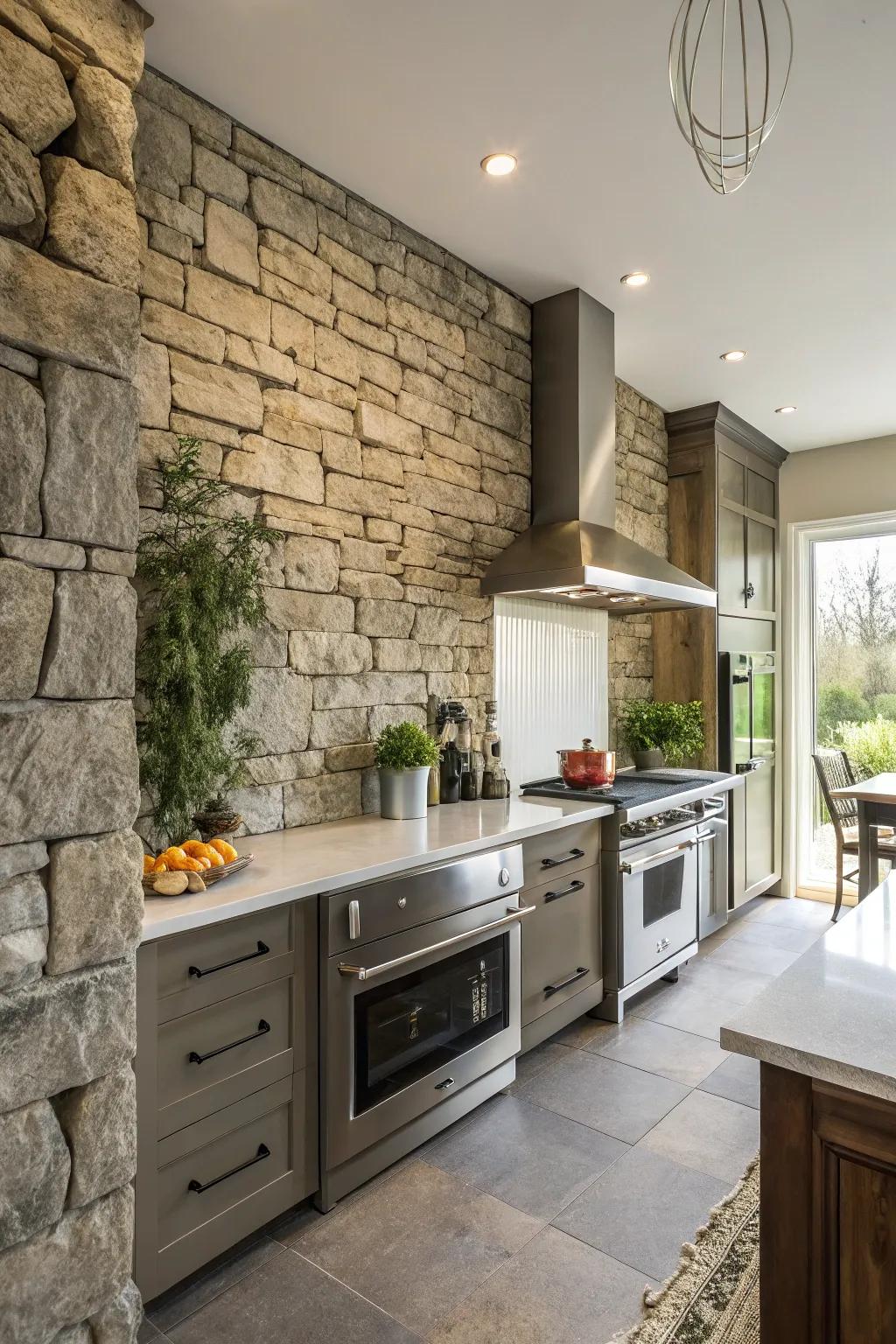 A countryside yet contemporary stone feature wall in the cooking area.
