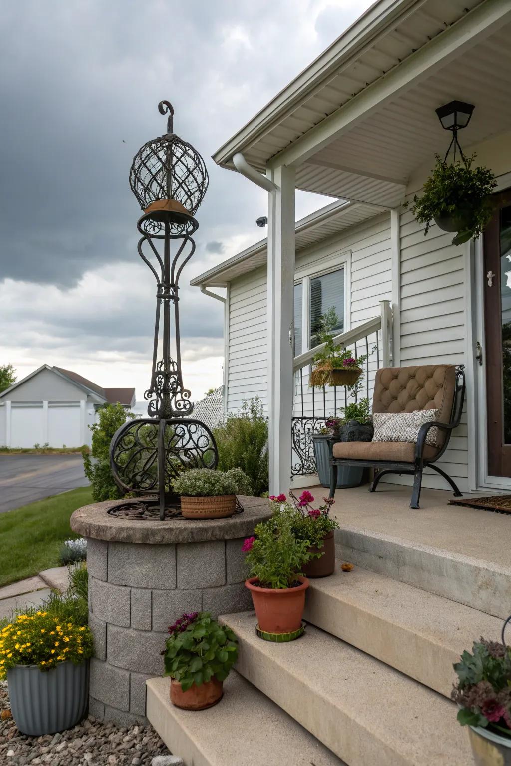 A metal sculpture lends an artistic touch to the stoop.