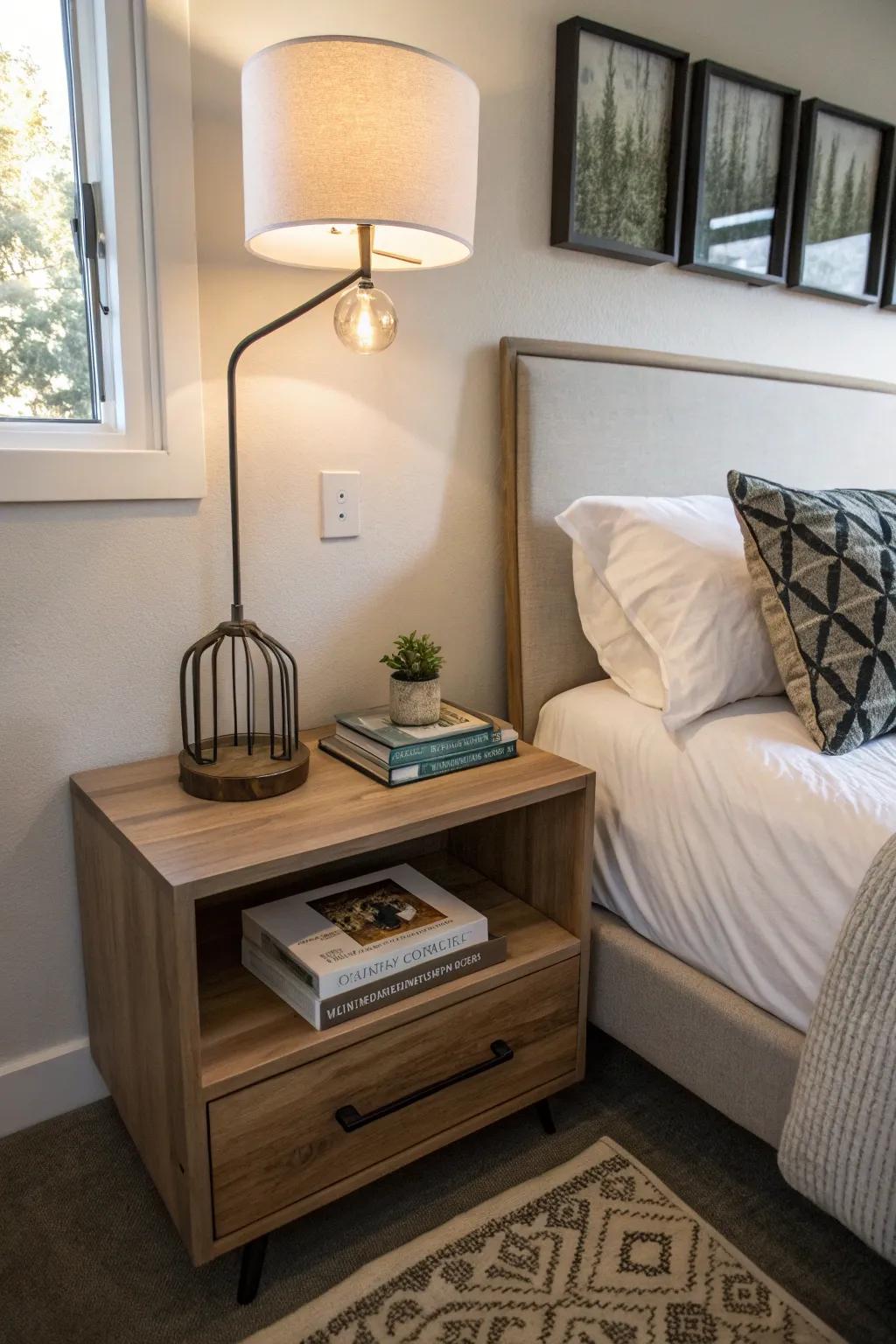Elevated bedside tables are excellent for tight spaces.