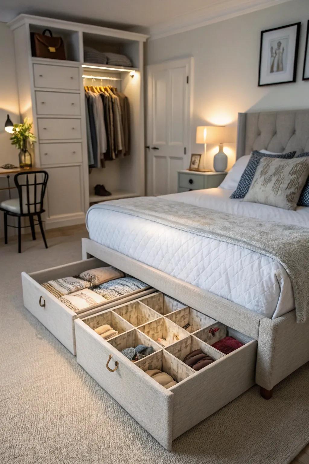 A bedroom showcasing storage bins beneath the bed.