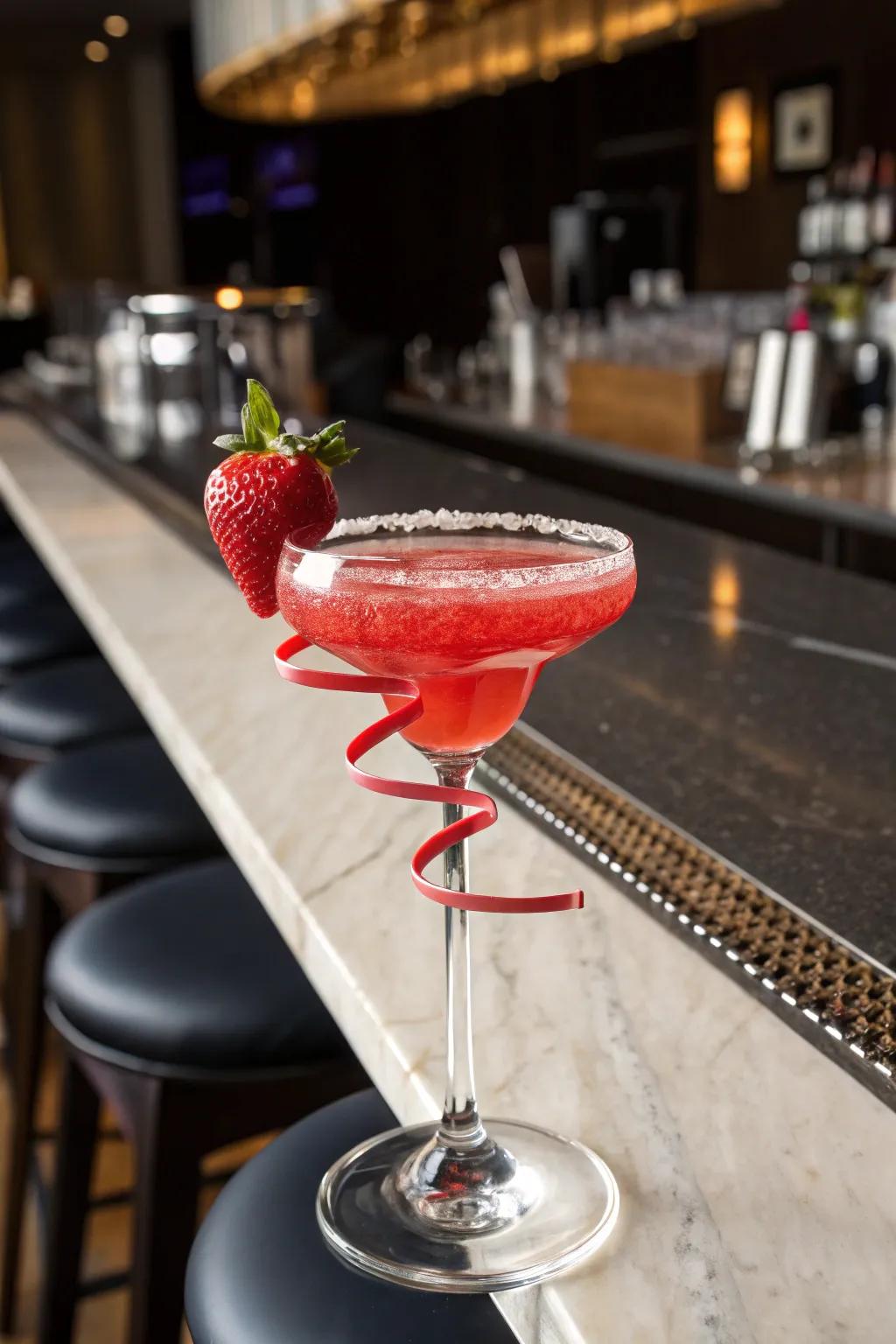 An exquisite cocktail featuring a sophisticated Crimson Berry spiral garnishment.