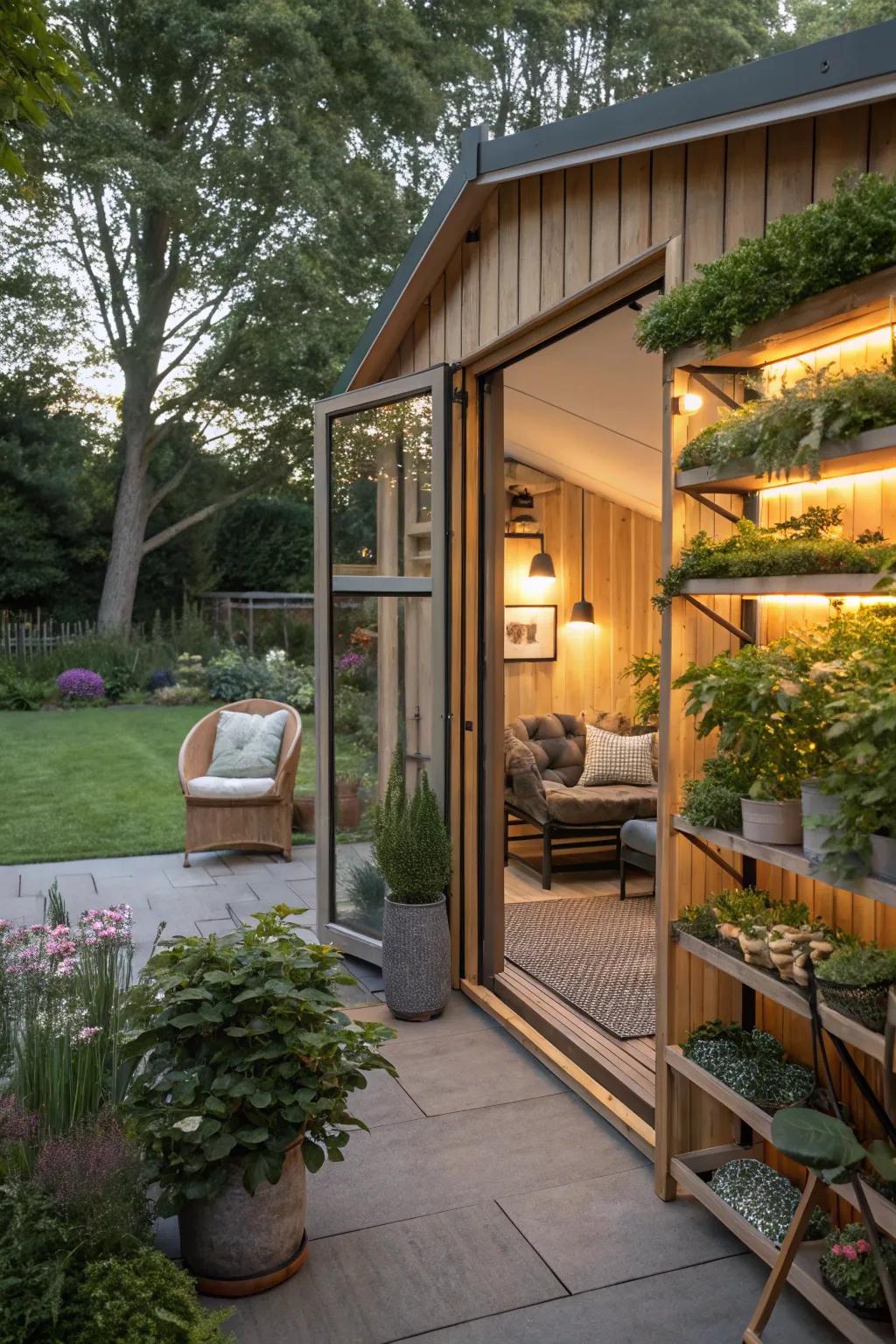 A harmonious garden oasis in a studio shed.