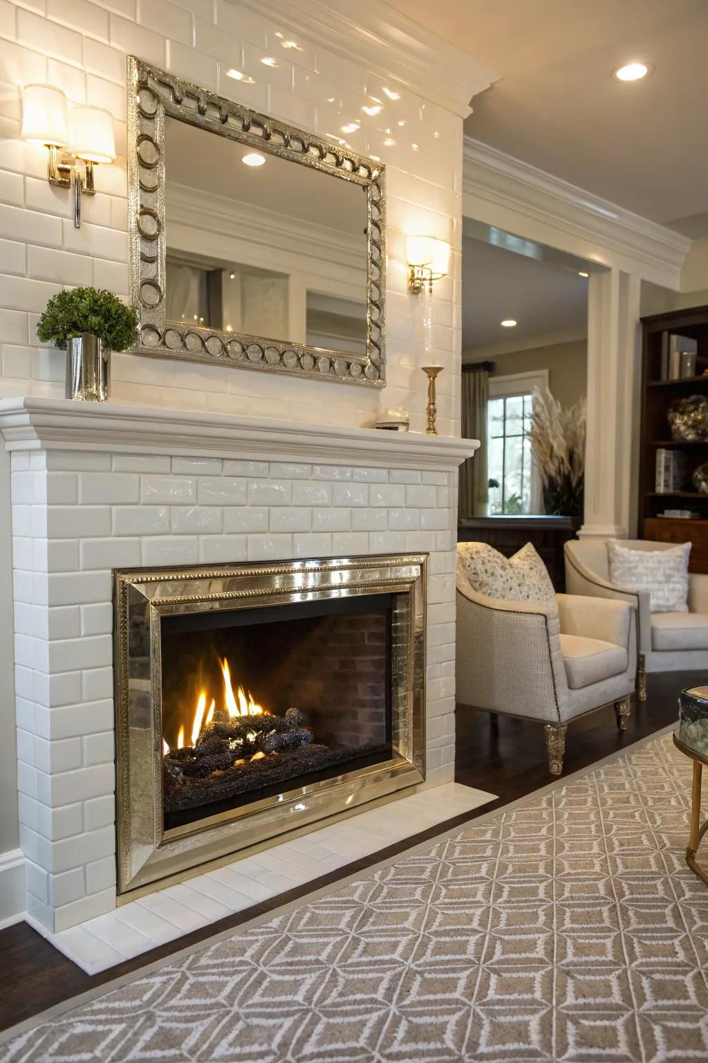 Metallic highlights contribute a glamorous touch to this chic rectangular tile fireplace.