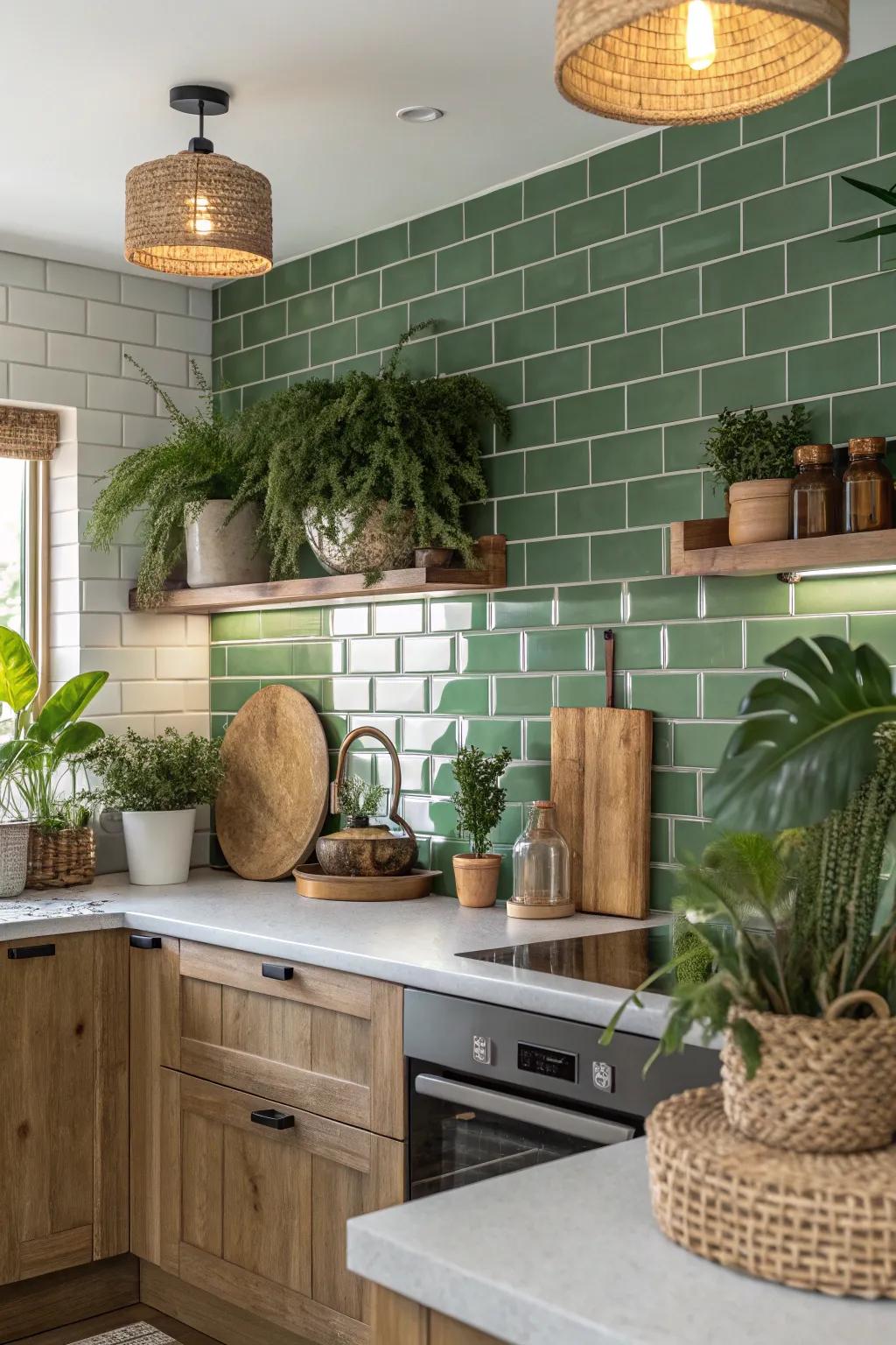 The kitchen gets a revitalizing, natural atmosphere from green standard tiles.