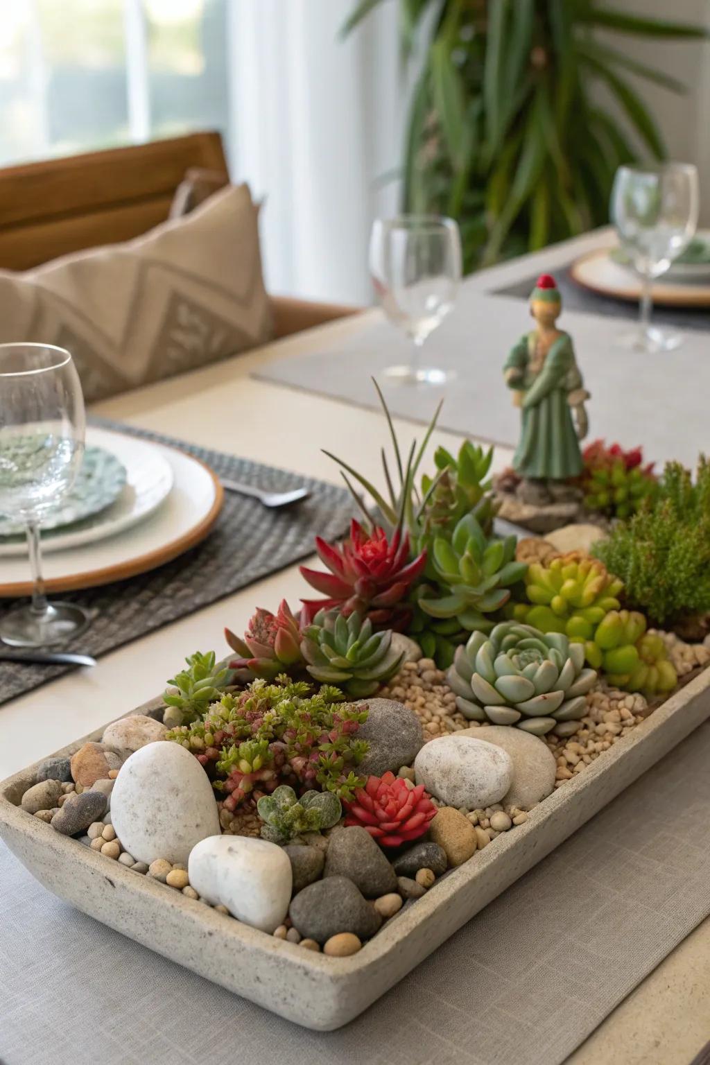 An enthralling surface garden showcasing succulents and ornamental elements.