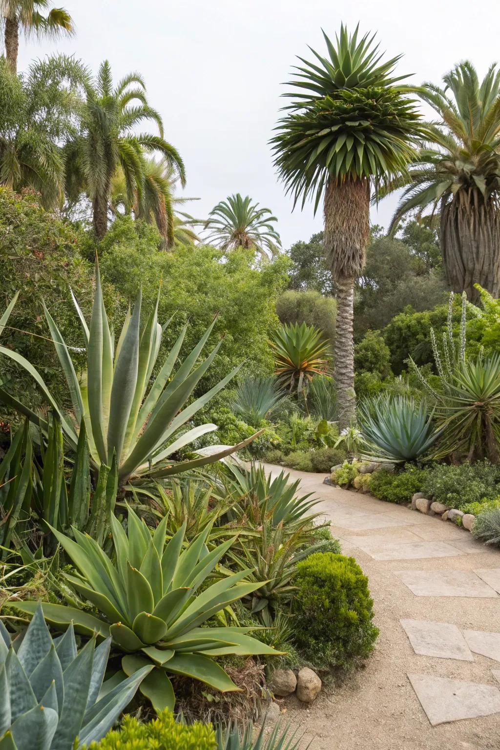A lush garden tableau, interweaving succulents with tropical plants.