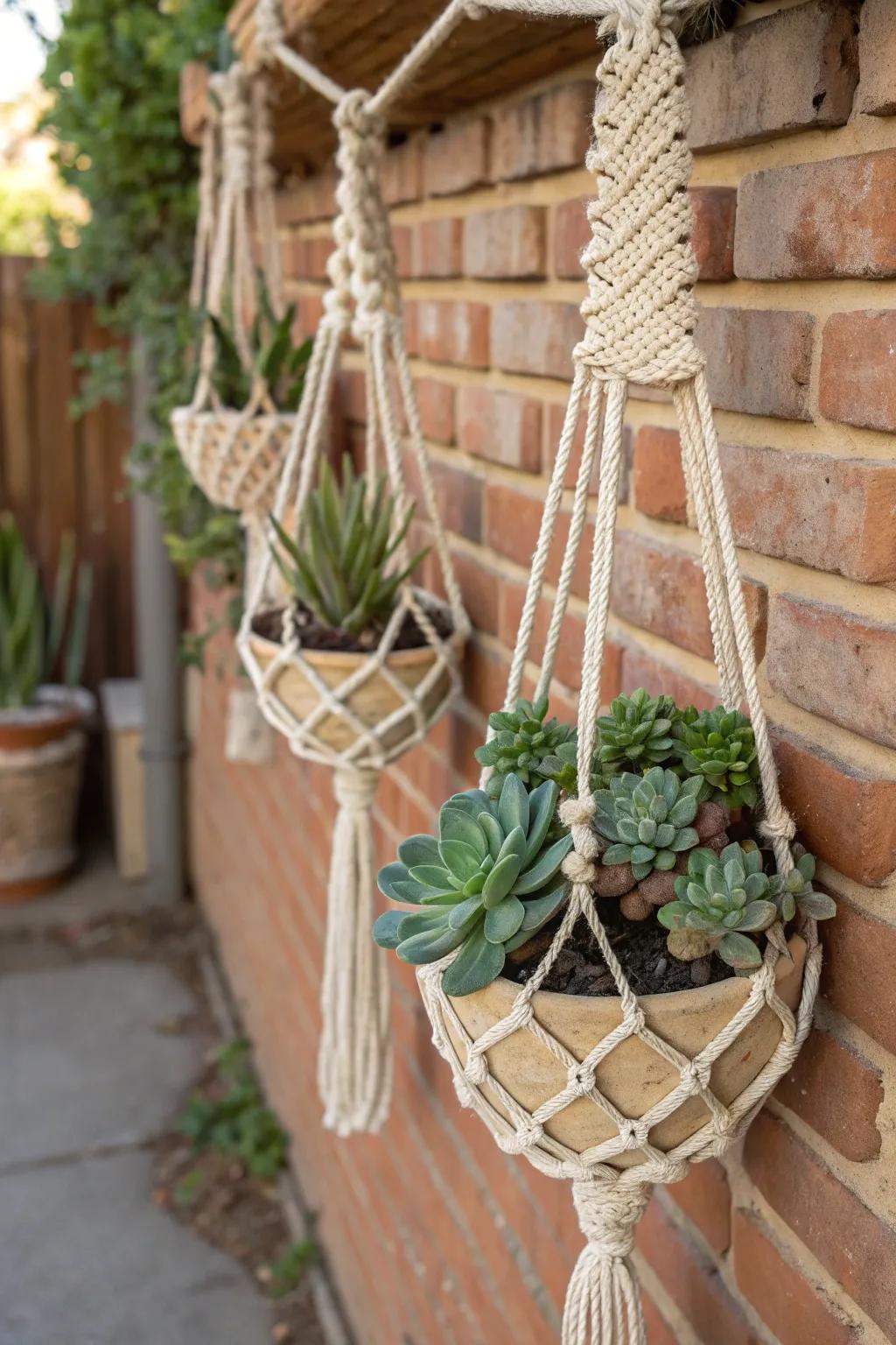 Knotwork suspended planters contribute a boho-chic atmosphere to succulent displays.