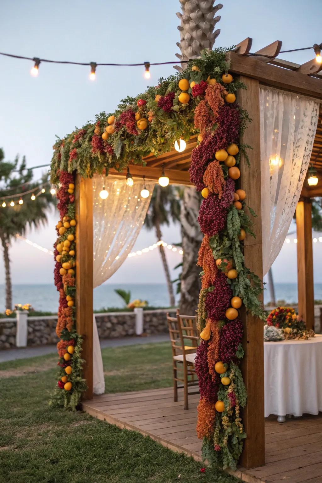 A naturally styled sukkah with fragrant dried fruit garlands.