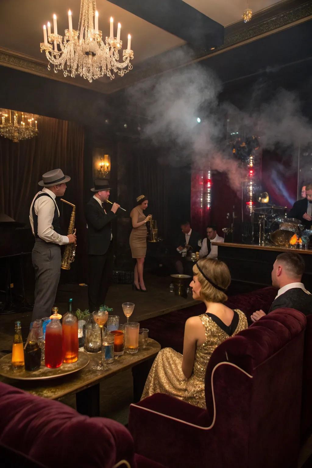 A glamorous Jazz Age speakeasy party with vintage flair.