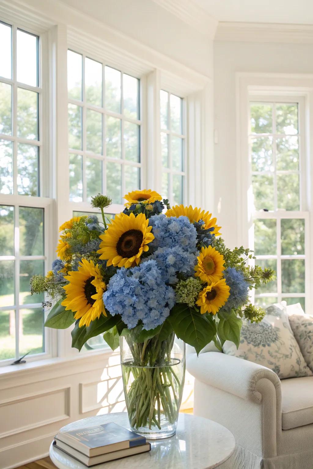 A breathtaking divergence of sunflowers and cerulean hydrangeas.