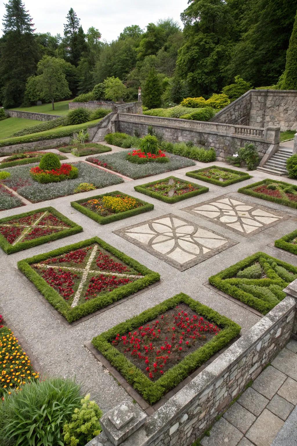 Geometric patterns introduce a modern touch to this sunken garden.