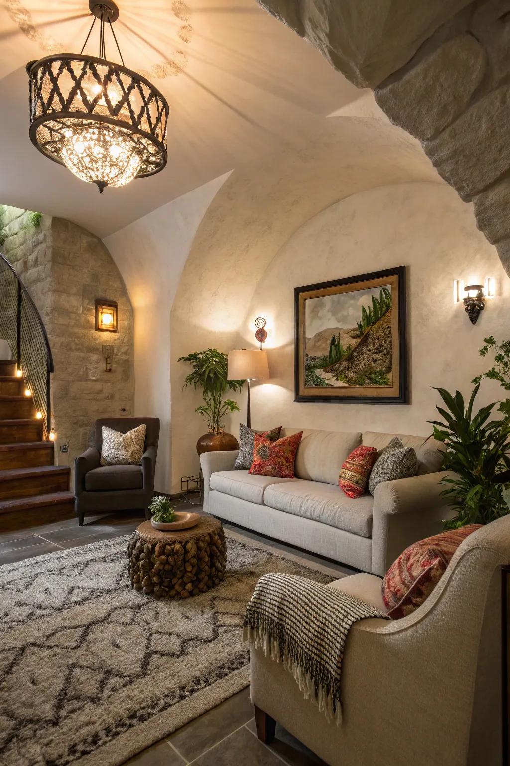 A recessed living room featuring ornamental decor and unique illumination.