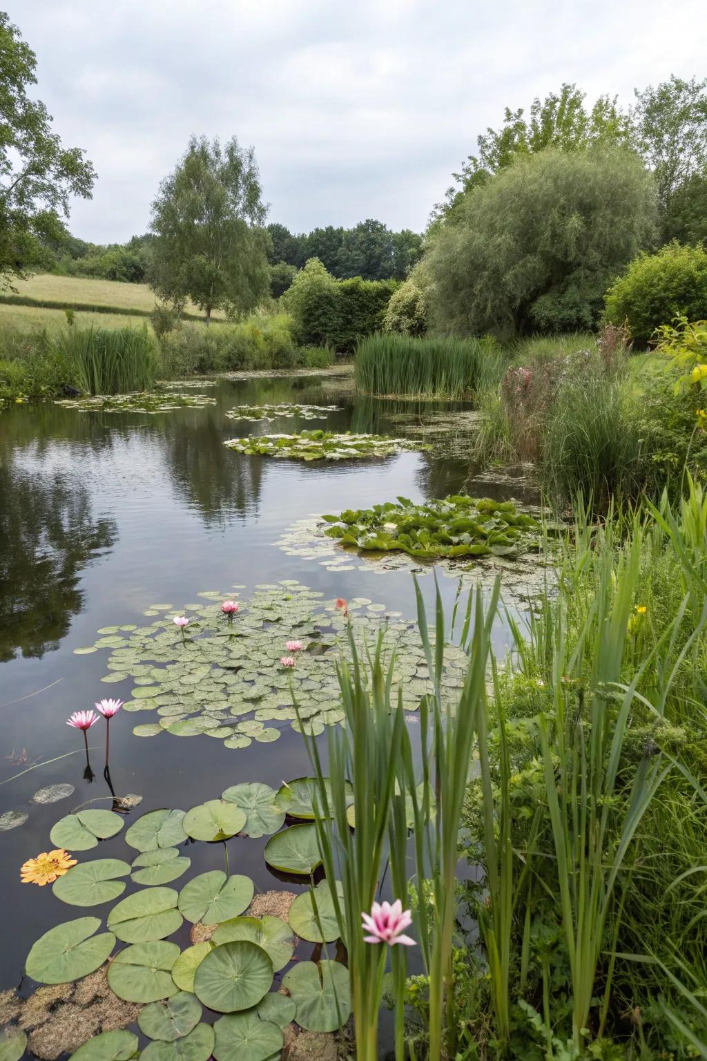 A wildlife-welcoming pond brimming with life and vitality.