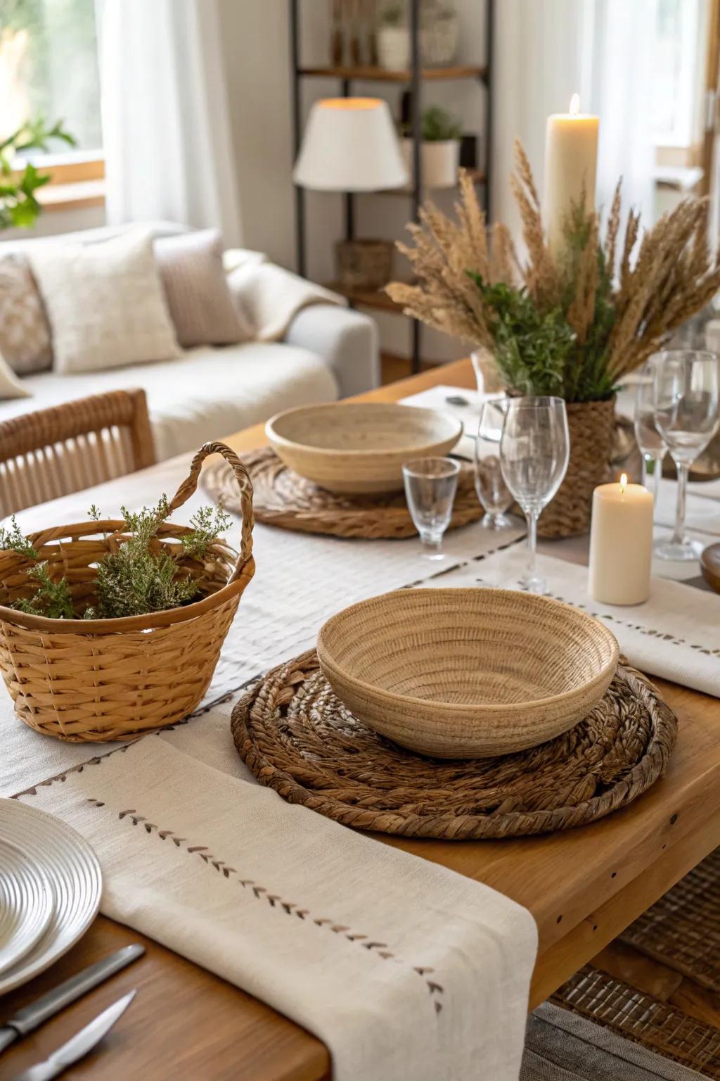 Organic textures infuse warmth and comfort into the table setting.