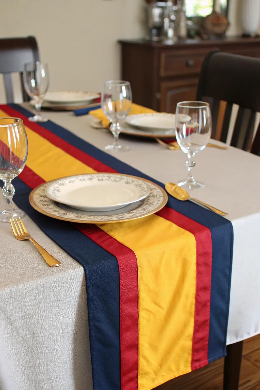A bespoke table drape in school colors stylishly connects the celebratory theme.