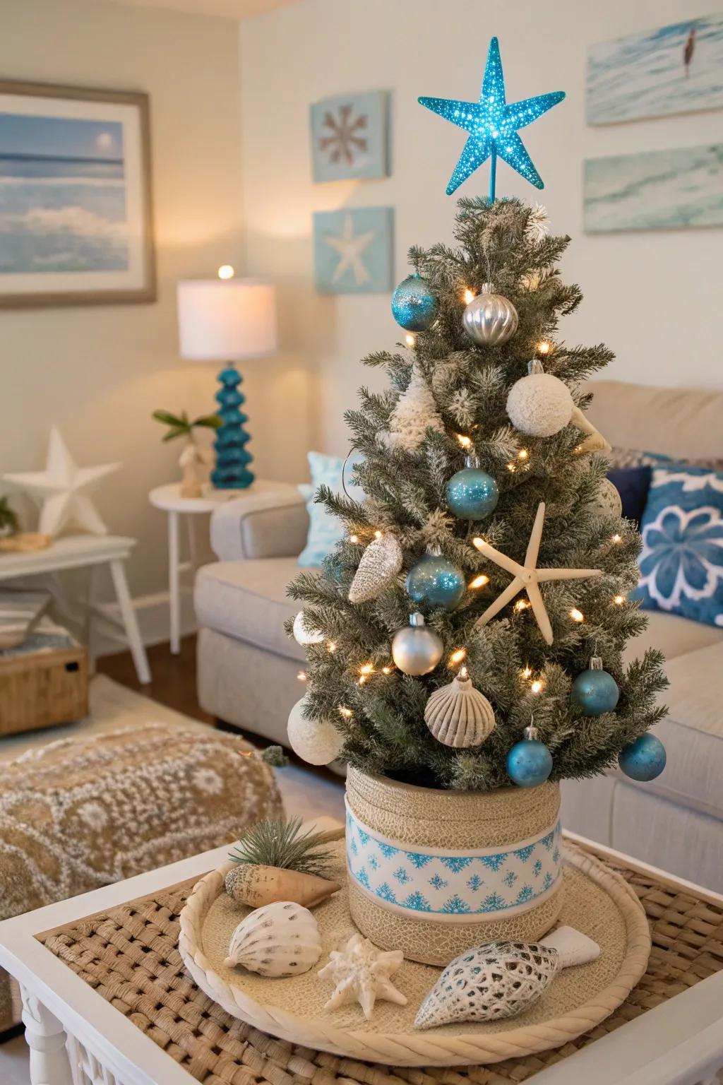 A revitalizing coastal-themed Christmas tree for a table.