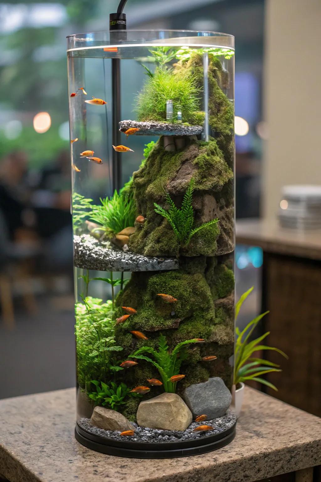 A multi-tiered spectacle nestled within an elongated aquarium.