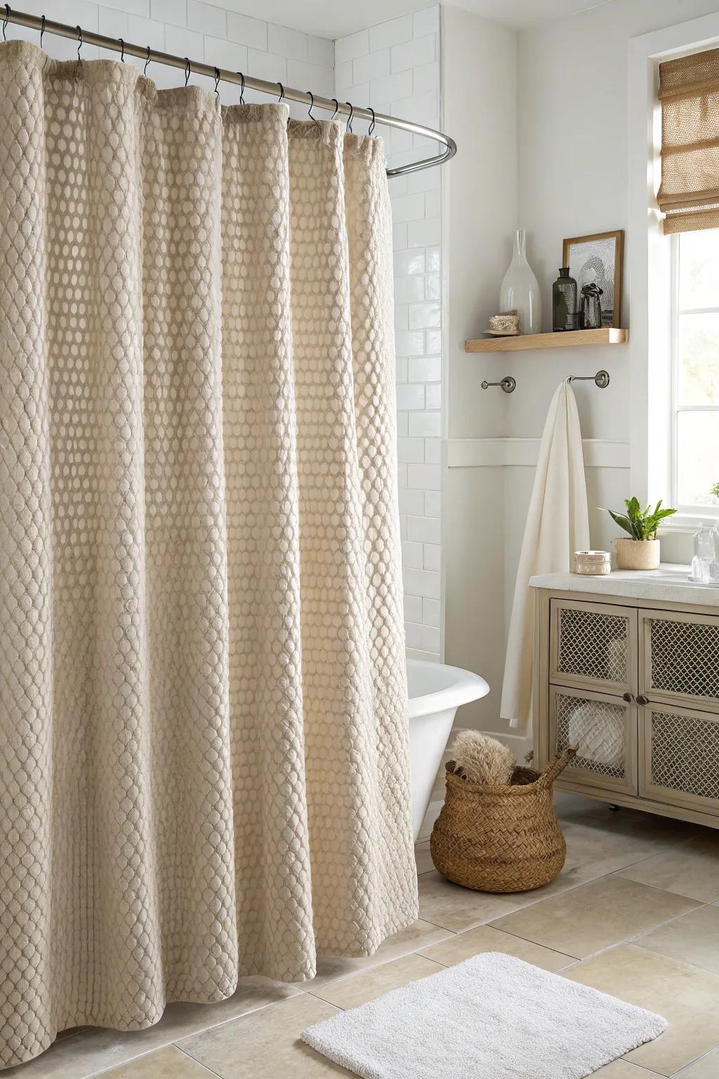 Textured textiles such as waffle weave impart subtle elegance to your bathroom.