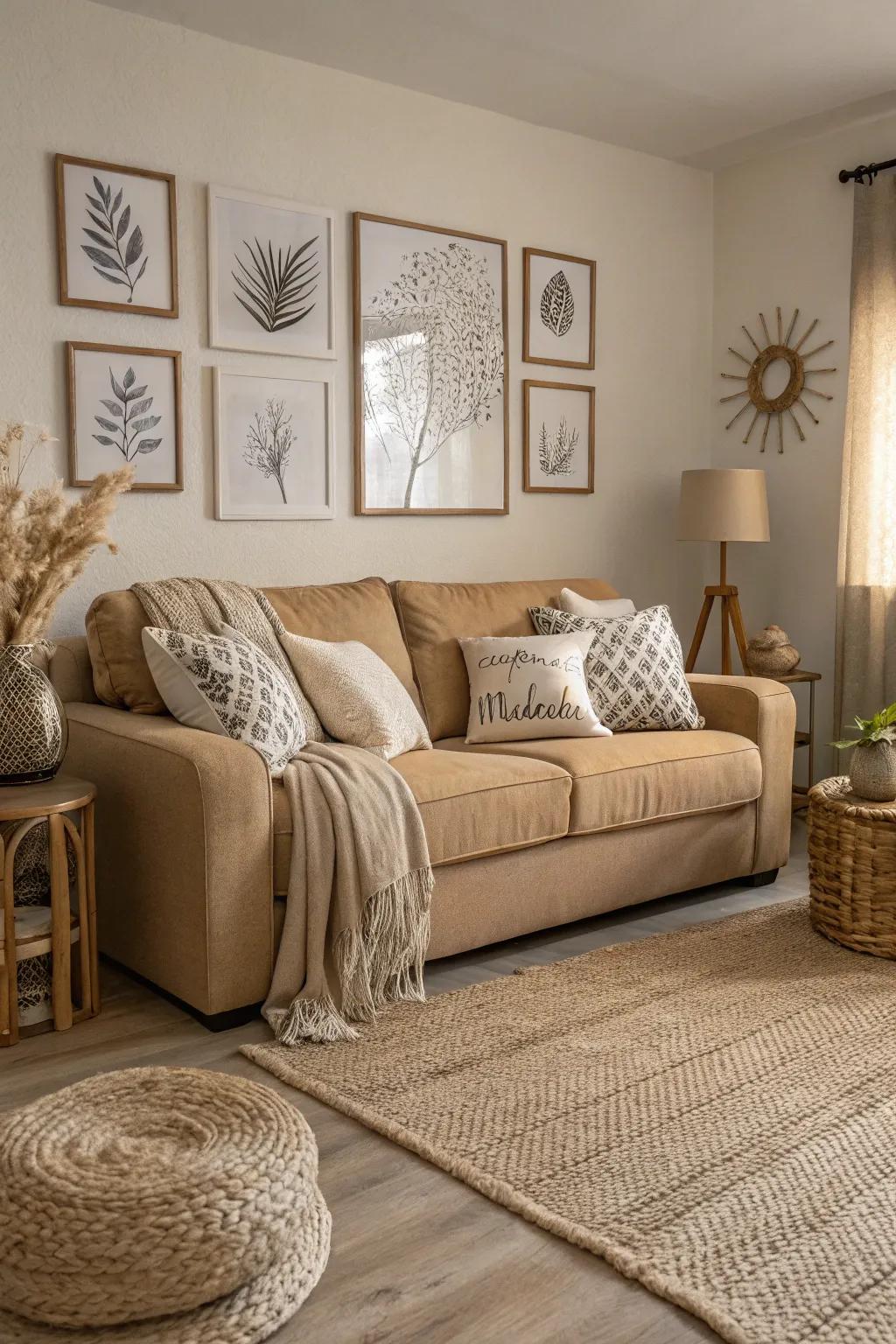 A single-tone scheme enhances the elegance of a beige couch.