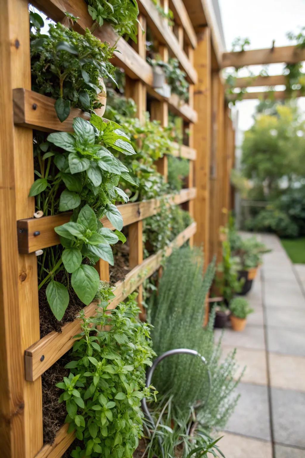 A vertical herb structure transforming a simple wall into a tea enthusiast's paradise.